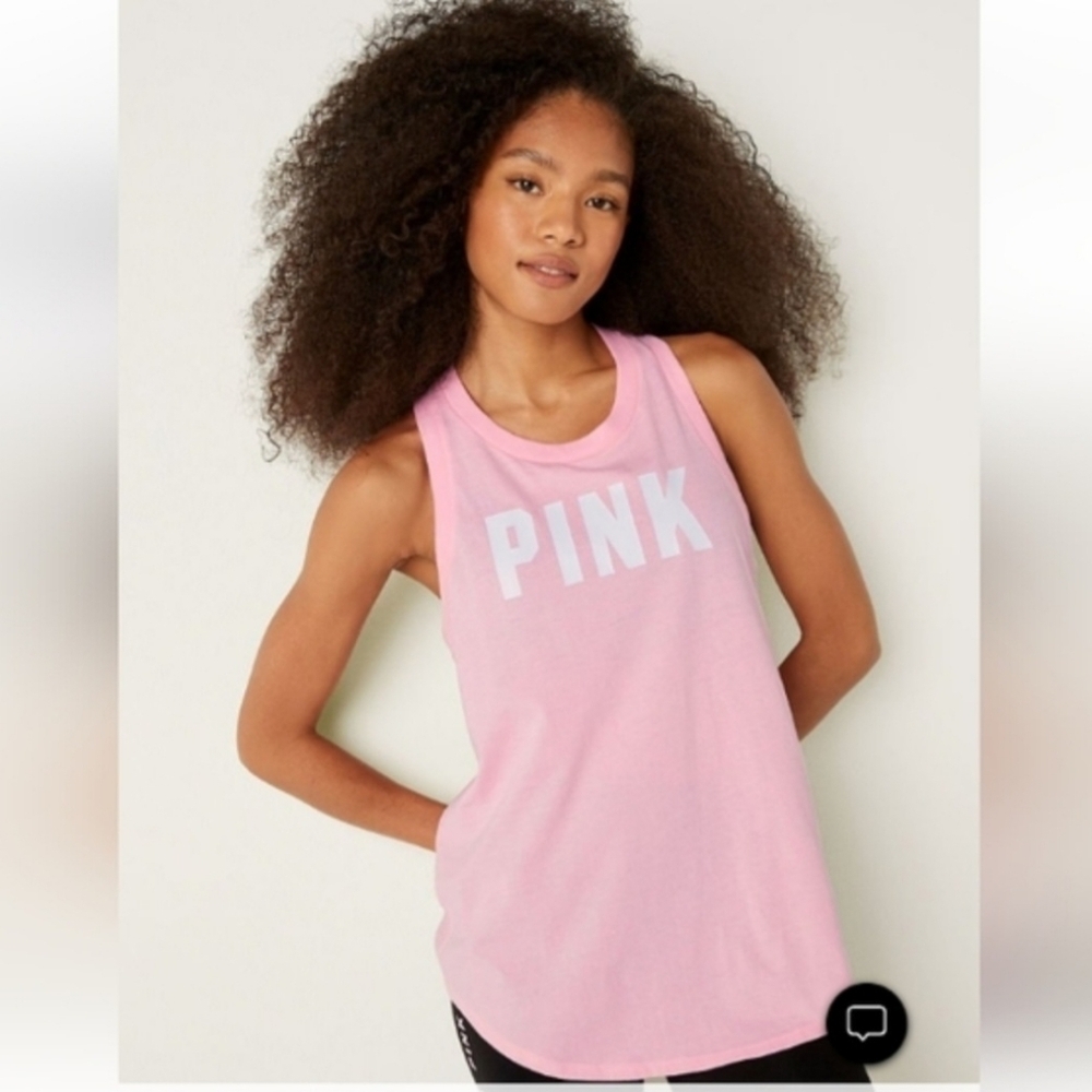 PINK Sleeveless Tank Pink Daisy Classic Logo Cutout Back Workout Yoga Size XS